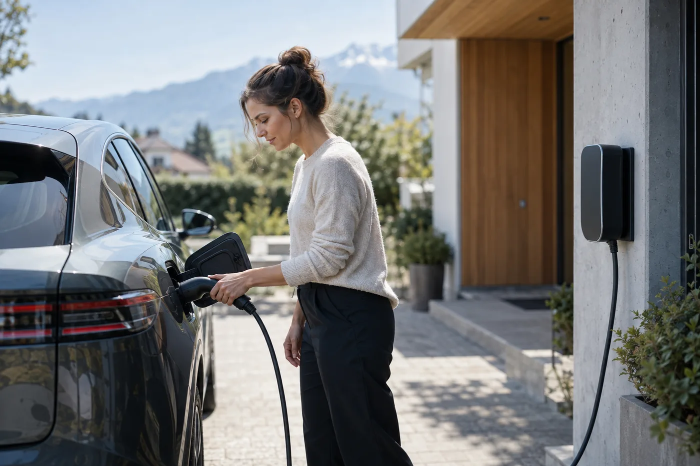 Recharge d’une voiture électrique devant une maison — Illustration