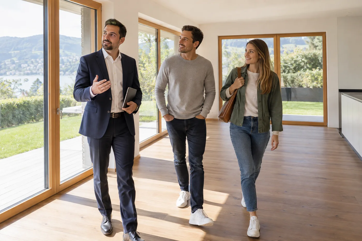 Couple visitant une maison avec un conseiller immobilier — Illustration