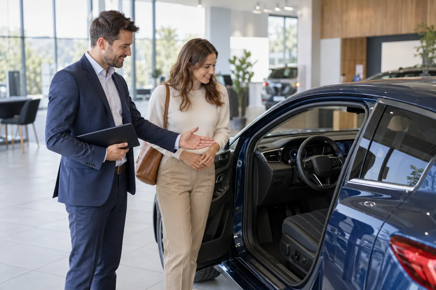 Présentation d’une voiture dans un showroom automobile — Illustration