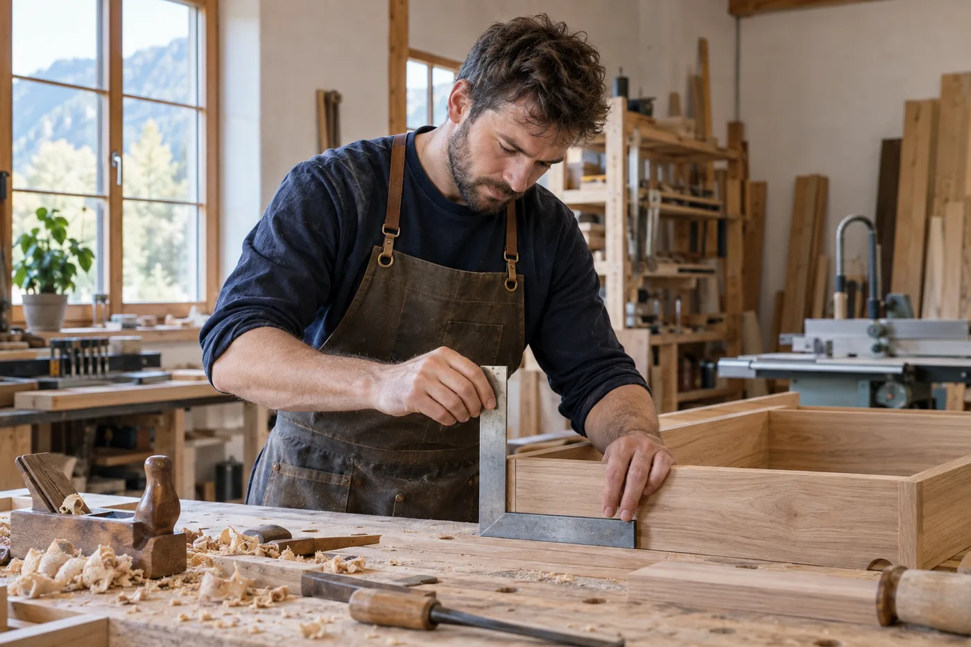 Menuisier mesurant une pièce de mobilier en bois — Illustration