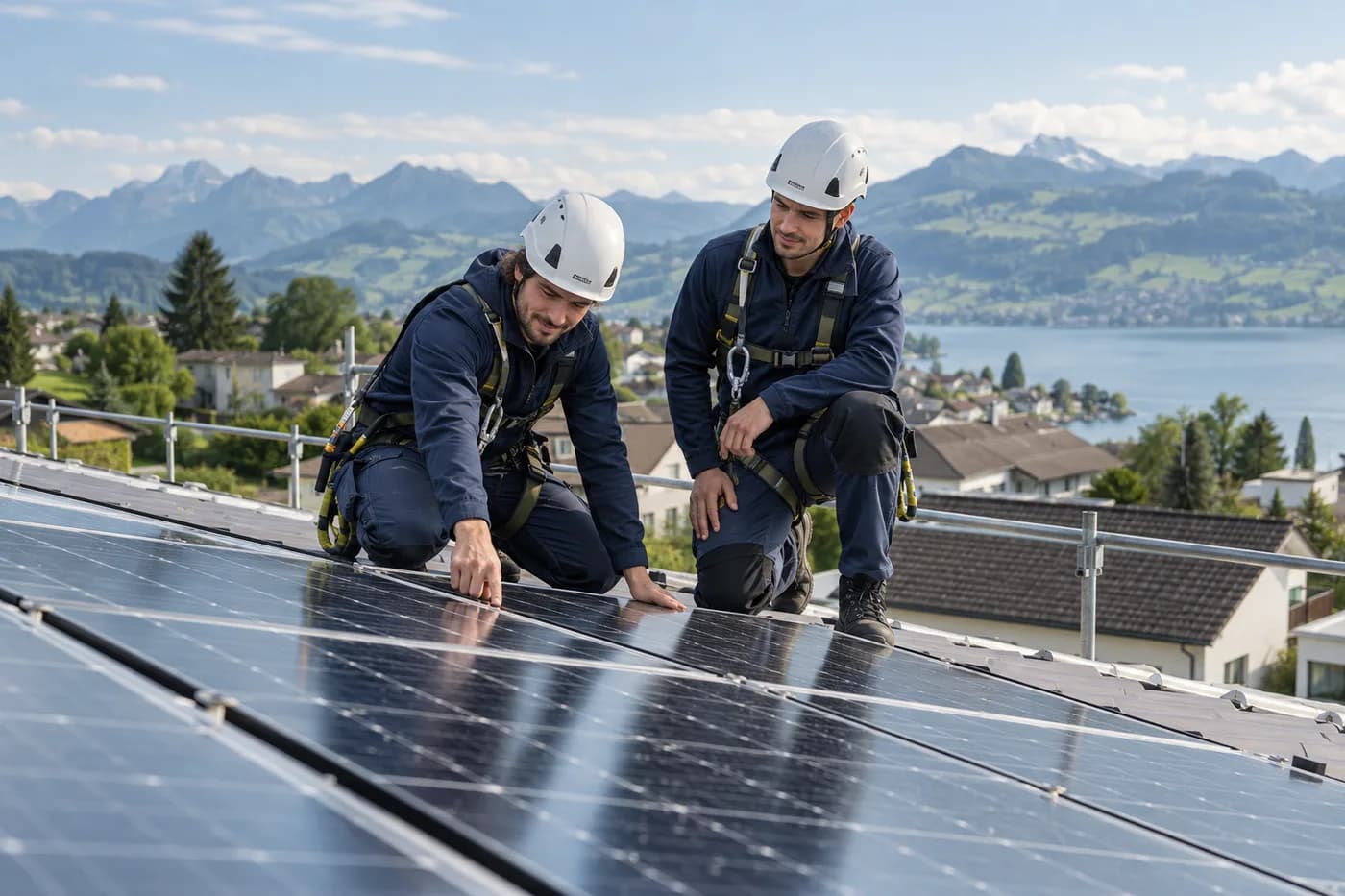 Installateurs examinant des panneaux photovoltaïques sur une toiture — Illustration