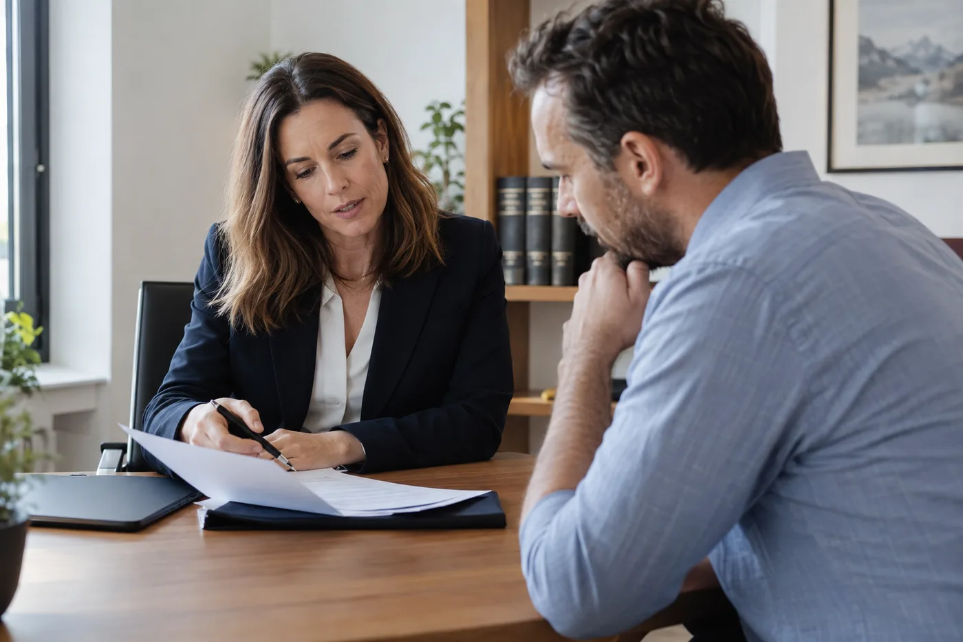 Professionnelle du droit examinant un dossier avec un entrepreneur — Illustration