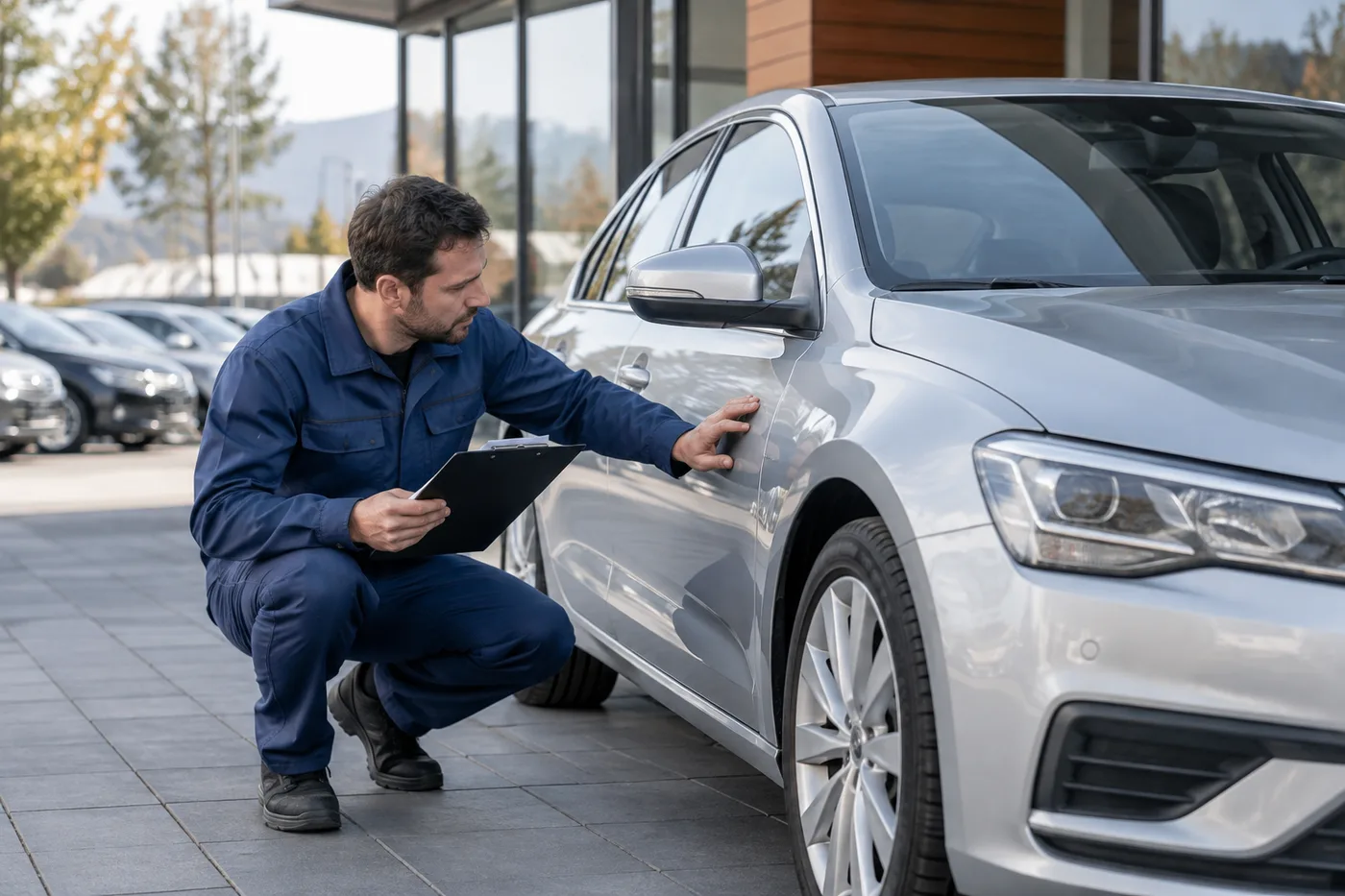 Inspection d’une voiture d’occasion par un professionnel — Illustration
